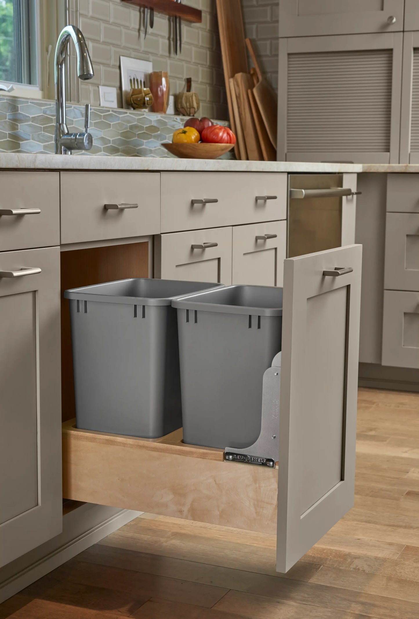 14 1/2" Wide Two 35 Qt Wood Trash System