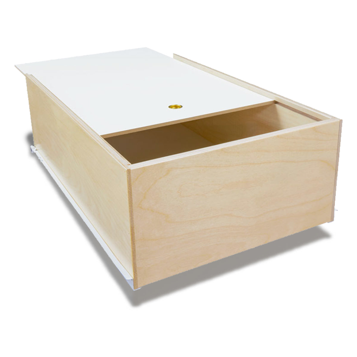 Custom wooden pull-out bread drawer with sliding white lid, ideal for cabinet organization and pantry storage – handcrafted Baltic birch with smooth slide hardware
