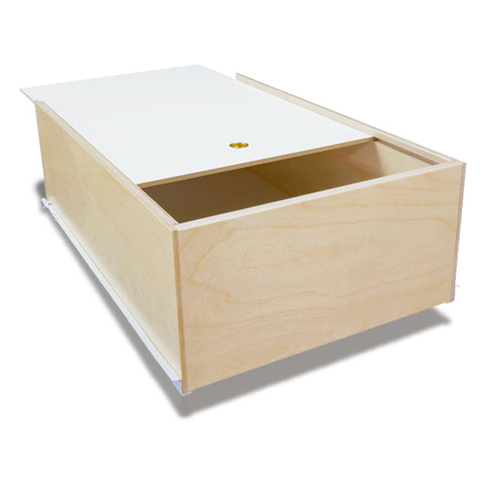Custom wooden pull-out bread drawer with sliding white lid, ideal for cabinet organization and pantry storage – handcrafted Baltic birch with smooth slide hardware