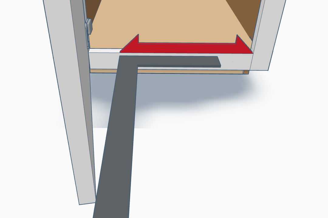 Illustration showing how to measure cabinet depth when door does not open 90 degrees due to handle obstruction, using a carpenter’s square.