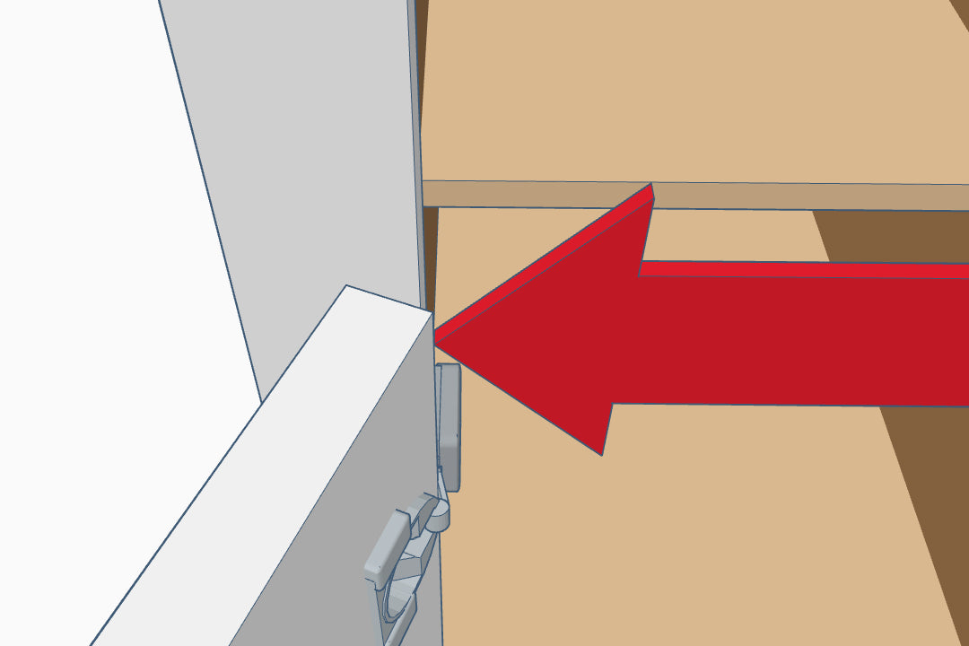 Cabinet door hinge causing front obstruction, with red arrow highlighting potential collision area for sliding shelf installation.
