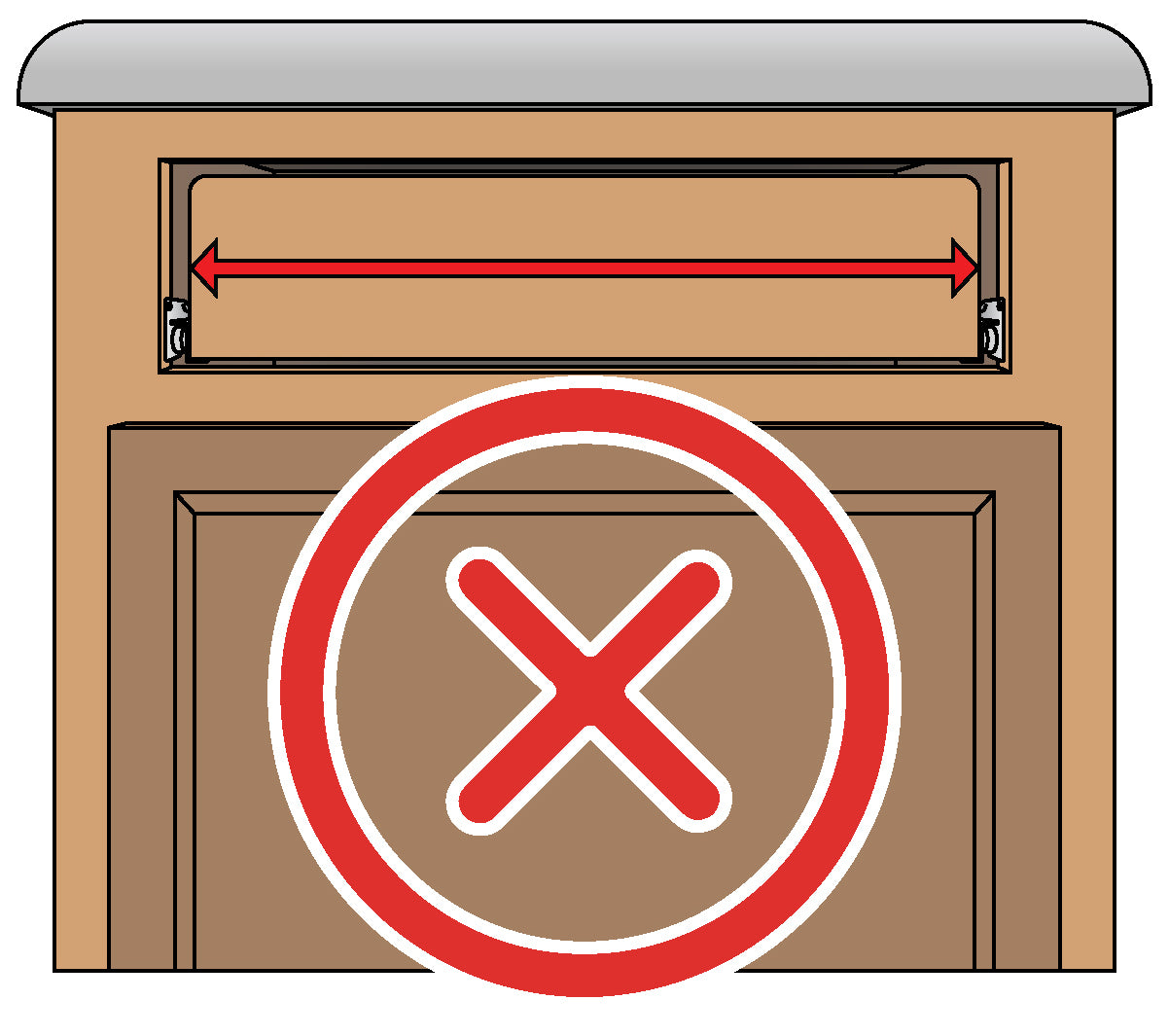 Incorrect method of measuring drawer width for custom pull-out shelf installation, showing red 'X' for measuring existing drawers.