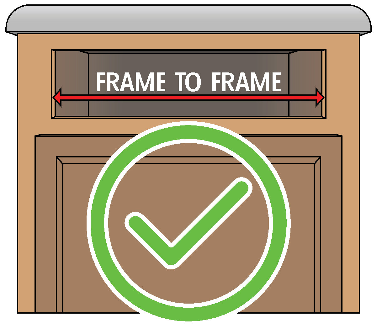 Correct way to measure face-framed cabinet opening for pull-out shelf installation, showing frame-to-frame width with green checkmark.