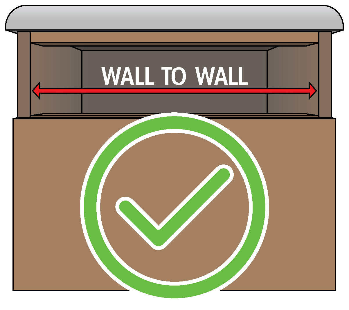 Correct wall-to-wall measurement method for frameless cabinet drawer installation with green checkmark indicator.