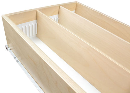 Top view of adjustable birch dividers in sliding pull-out shelf with binning strip system