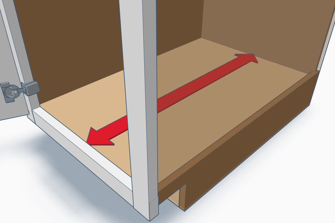 Measuring cabinet depth from back wall to face frame in face framed cabinet for pull-out shelf installation.