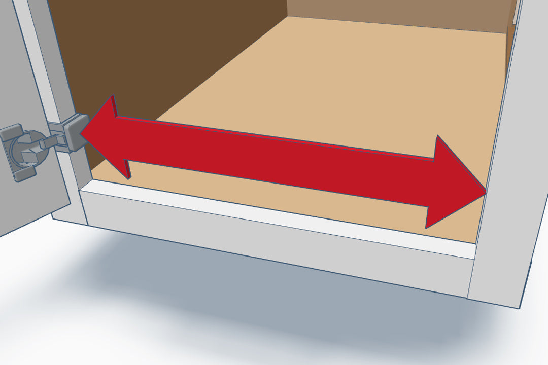 Illustration showing how to measure cabinet opening width in face-framed cabinet from hinge edge to opposite side for pull-out shelf fit.