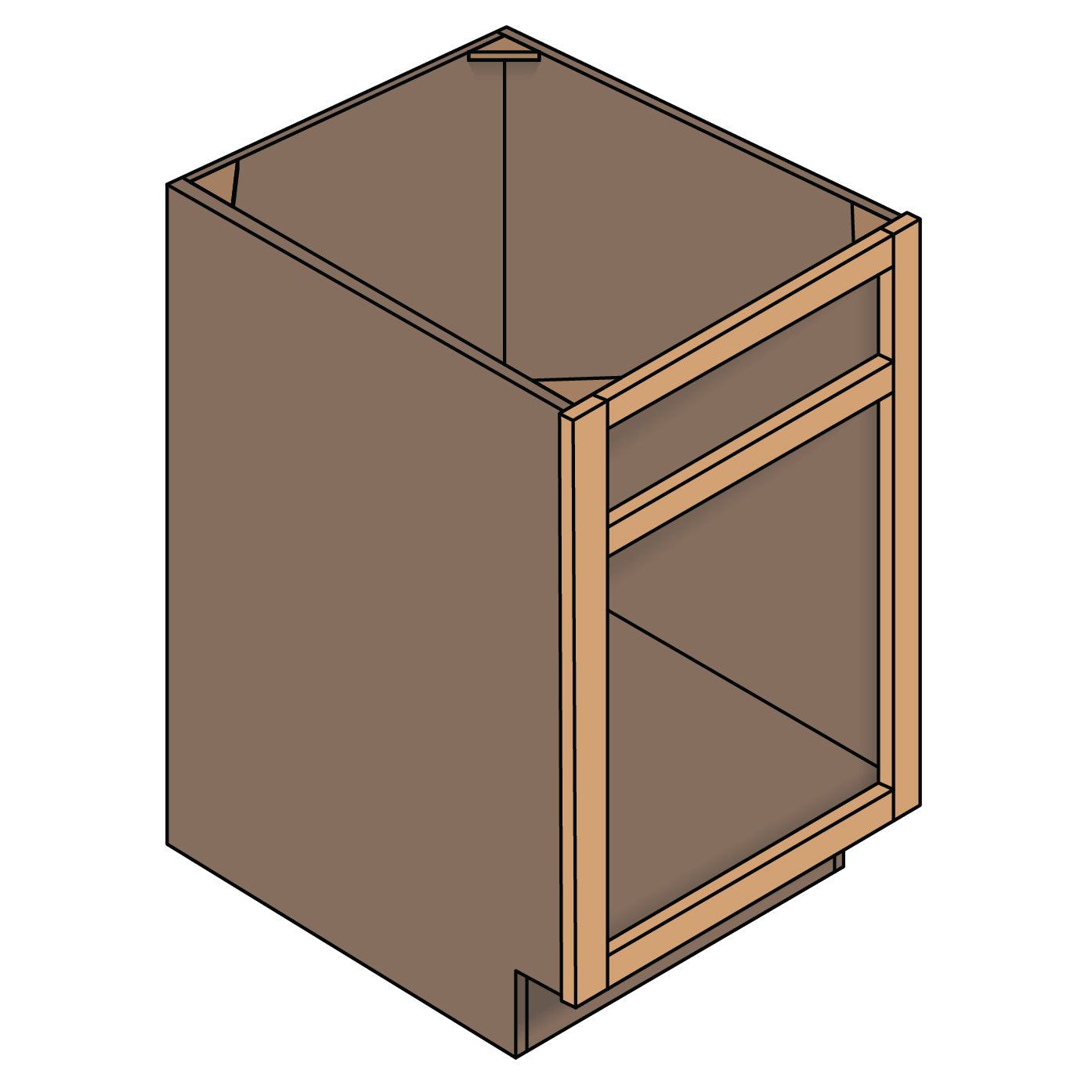 Illustration of a face framed cabinet showing front wood frame construction with stile, commonly used in traditional kitchen cabinetry.
