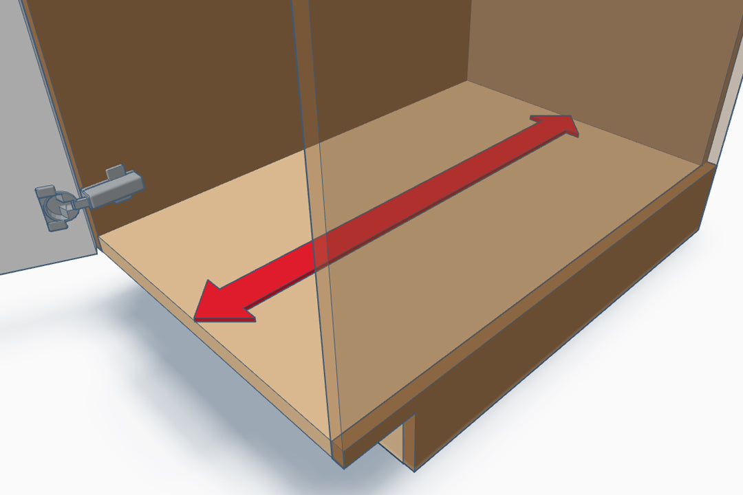 Measuring cabinet depth in frameless cabinet from back wall to front edge for pull-out shelf installation.