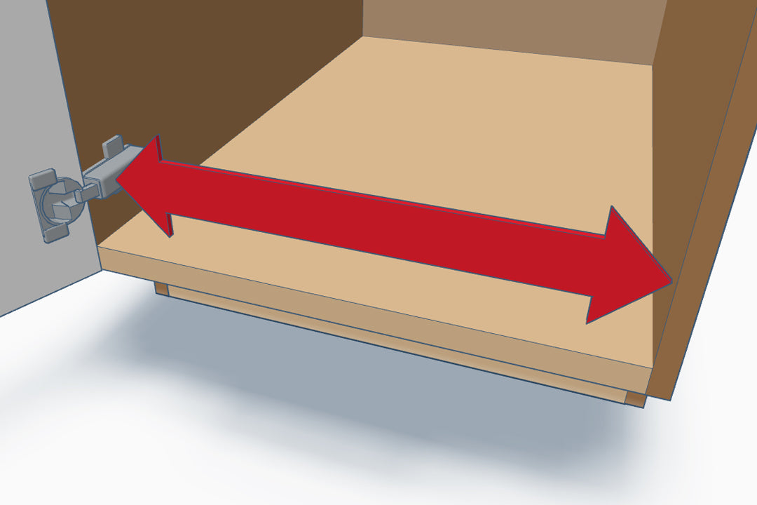 Measuring cabinet width in frameless base cabinet from hinge to opposite wall for custom sliding shelf installation