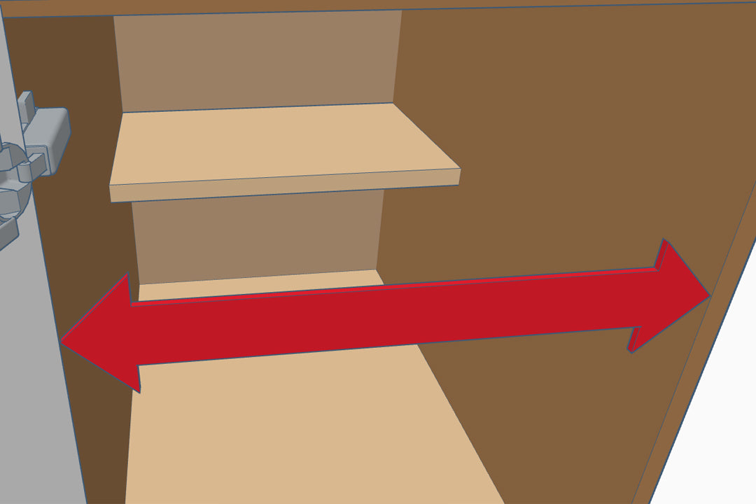 Measuring upper cabinet width in frameless single-door setup from door edge to opposite wall for pull-out shelf fit.