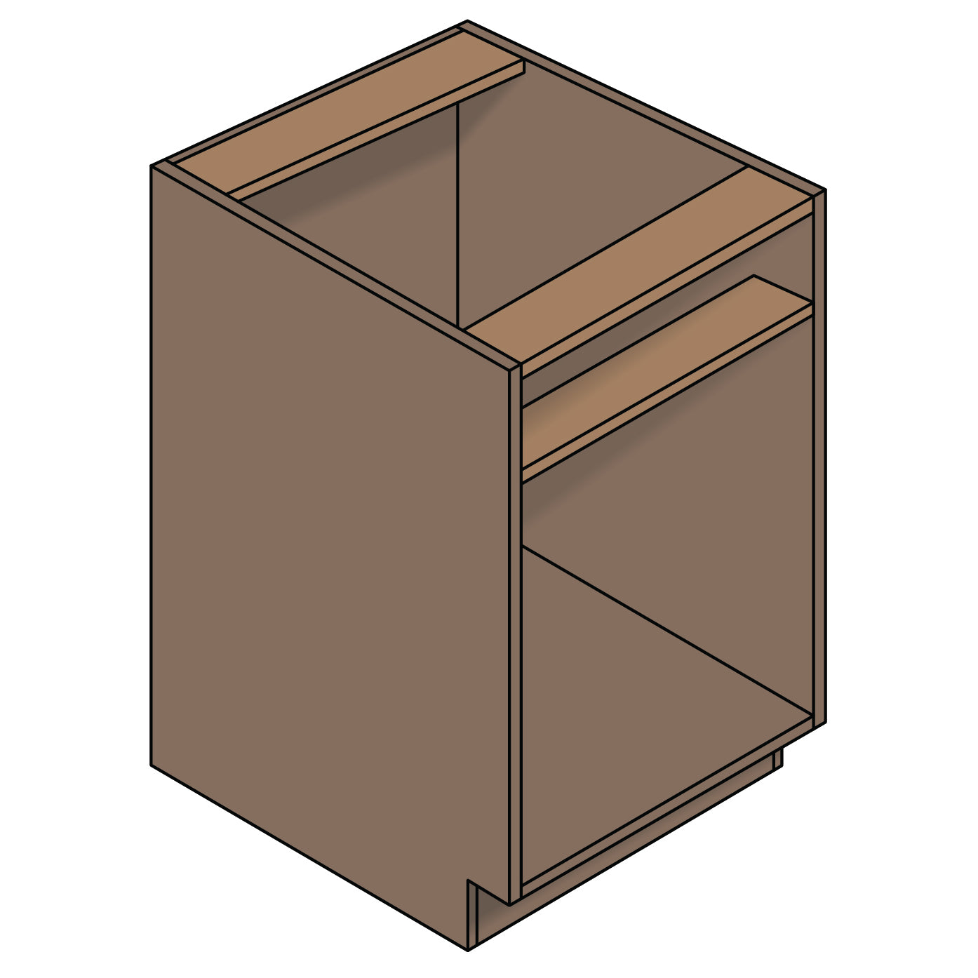 Diagram of a frameless Euro-style cabinet showing full-access design with no front frame and side-wall-mounted hinges.