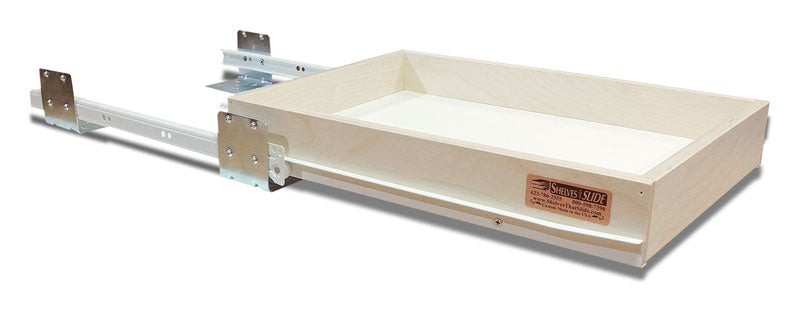 Rear mount sliding shelf showing compact rail system with durable construction, perfect for maximizing lower cabinet storage.