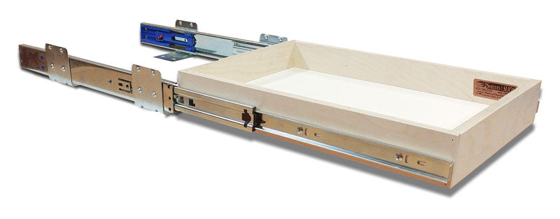 Heavy-duty full extension pull-out shelf with ball bearing slides for smooth kitchen cabinet storage.
