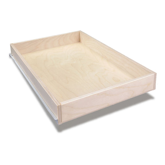 Standard pull-out shelf with low front and high back for pantry cabinet storage and organization