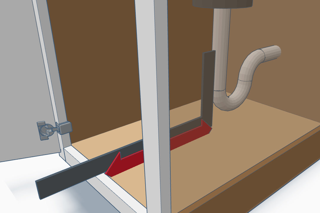 Illustration of a Cabinet interior showing plumbing obstruction with arrow indicating how to measure depth for custom sliding shelf installation.