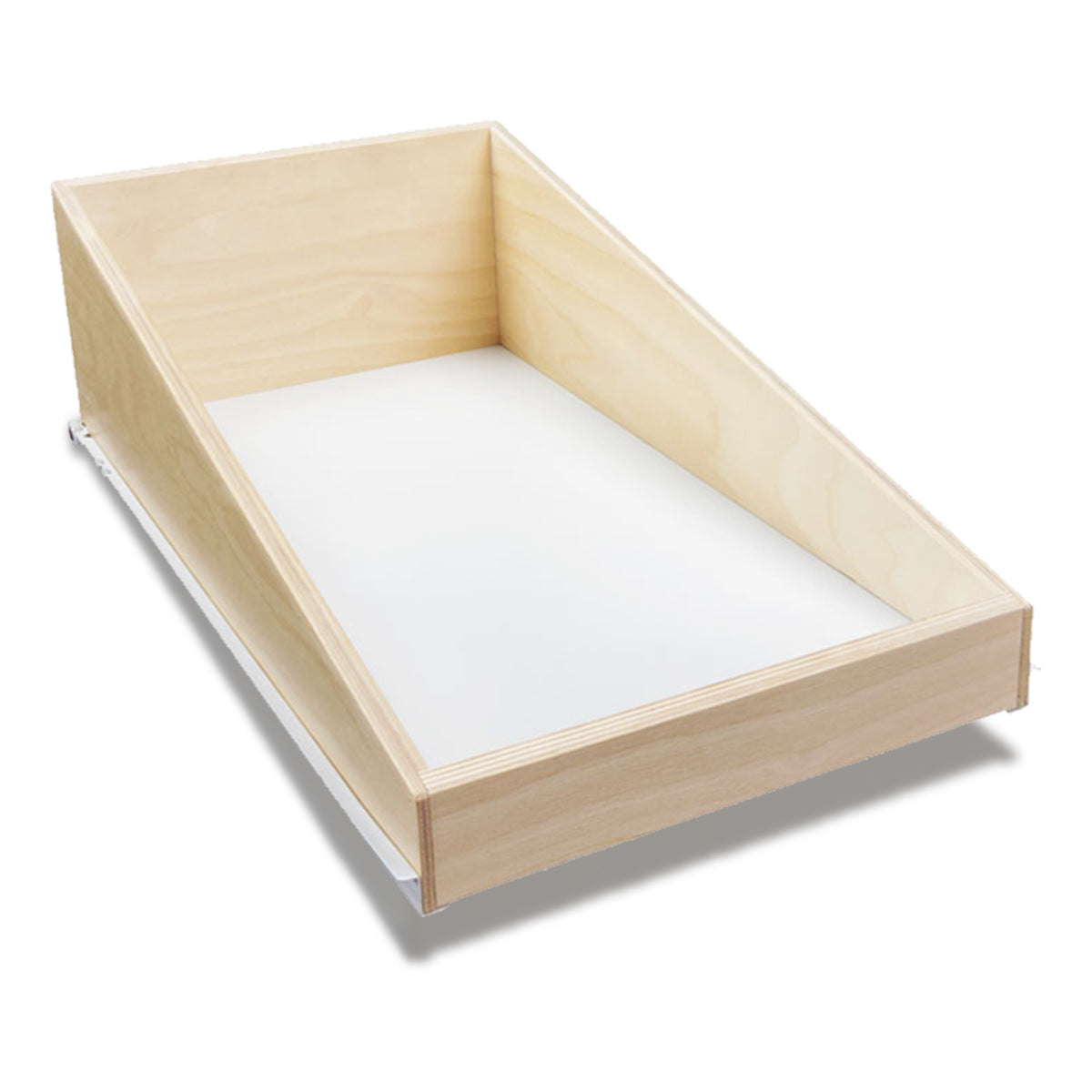 Wooden slanted pull-out kitchen shelf with a front dip and high back support, perfect for storing bottles and tall items — includes full-extension slide and solid wood craftsmanship.