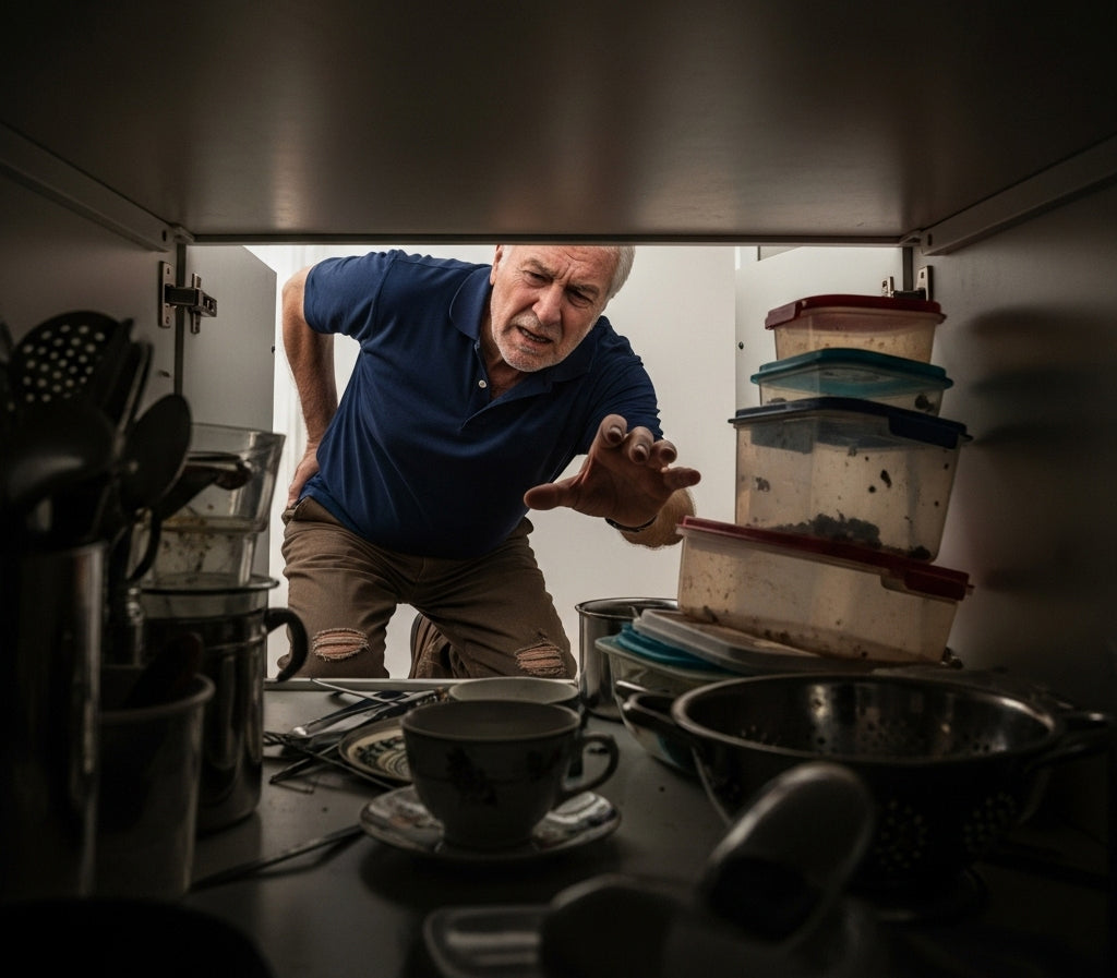Frustrated senior man bending and reaching into cluttered kitchen cabinet—highlighting need for sliding pull-out shelves for easier access
